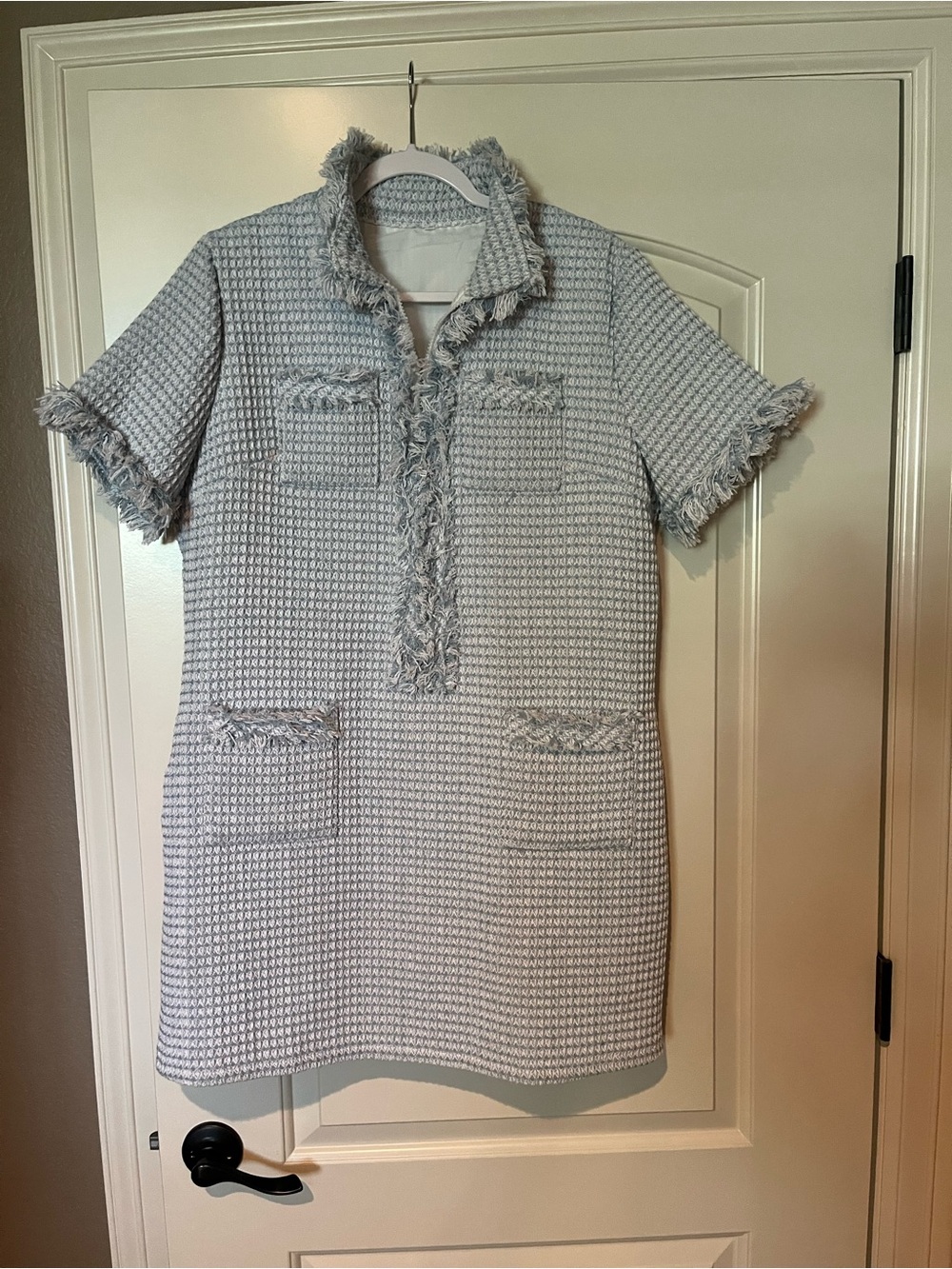 Textured Light Blue Tweed Short-Sleeve Dress with Fringe Trim